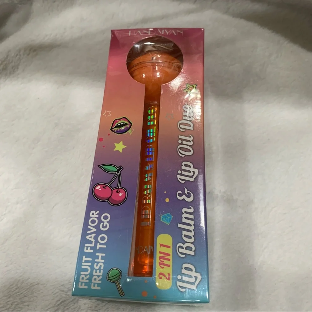 Orange 2 in 1 Lollipop Lip Balm and Lip Gloss Oil Temperature Color Changing NIB